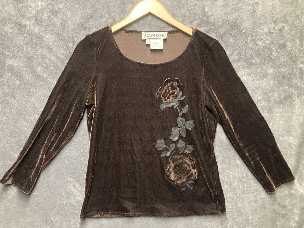 VTG 90s Y2K Carlisle Chocolate Brown Velvet Floral Applique Top Fairy Grunge M